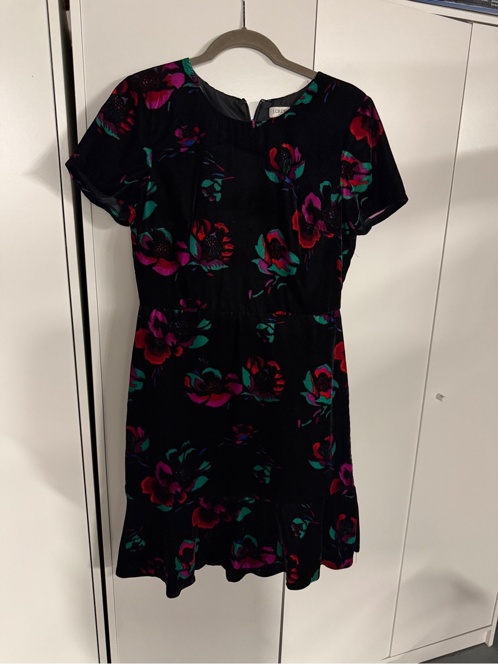 J. Crew Black Floral Short Sleeve Shift Dress with Pink & Teal Blooms